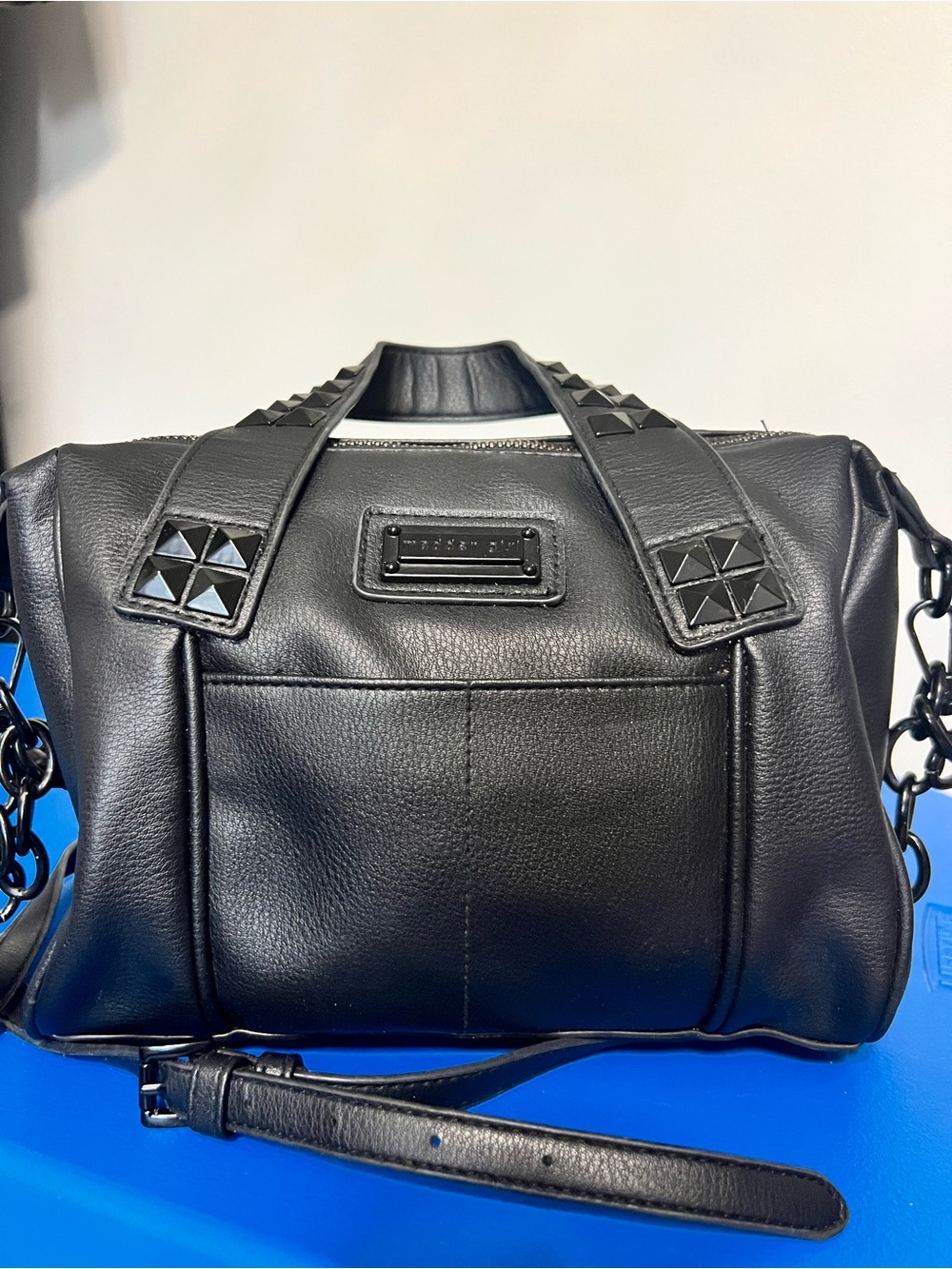 Madden Girl Gabby Small Bowler Bag with Studs - Black Crossbody Satchel